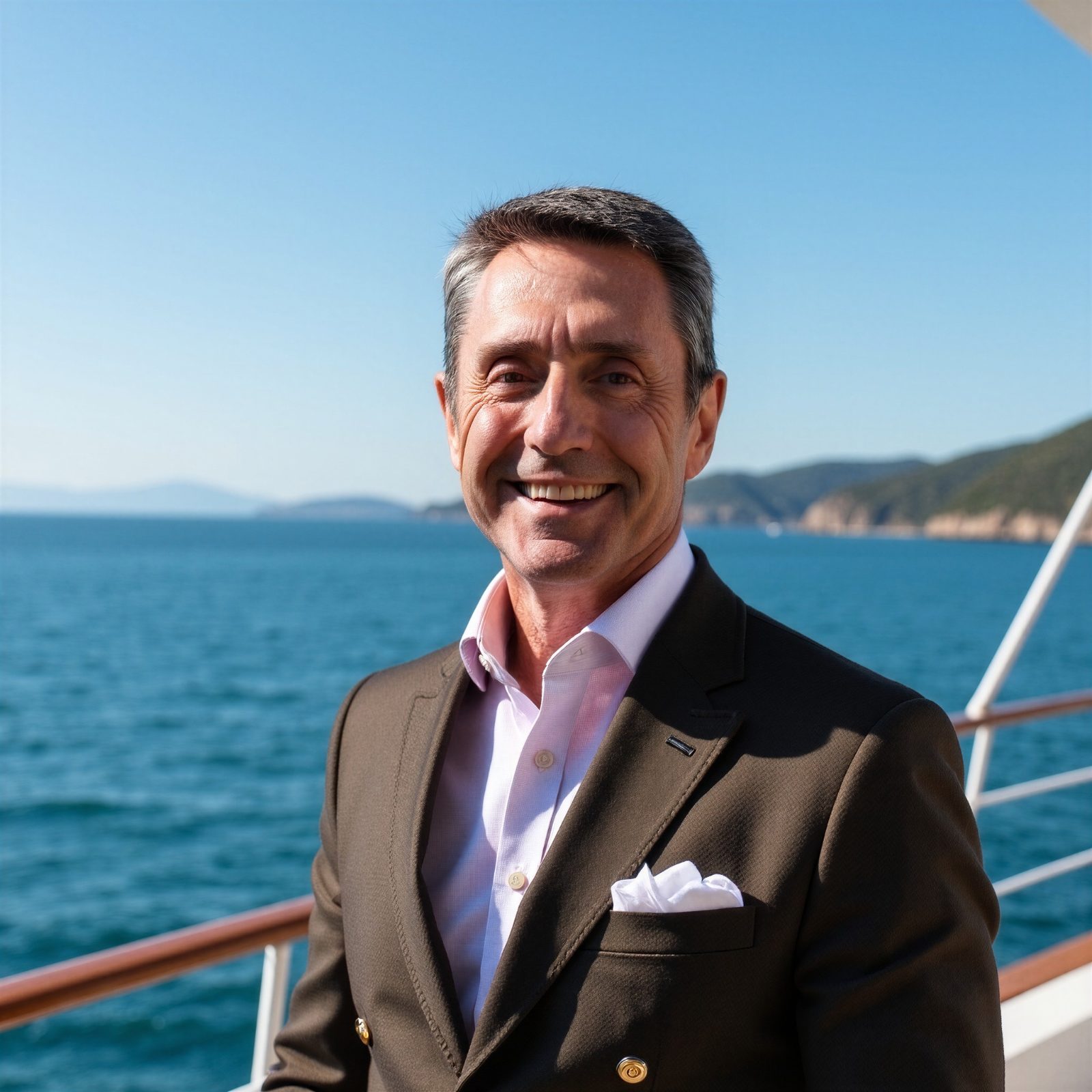 Portrait of Matthew Naylor on a boat deck by the coast