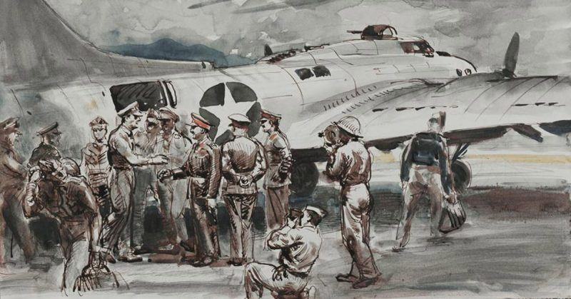 Wartime illustration of troops beside a heavy bomber aircraft